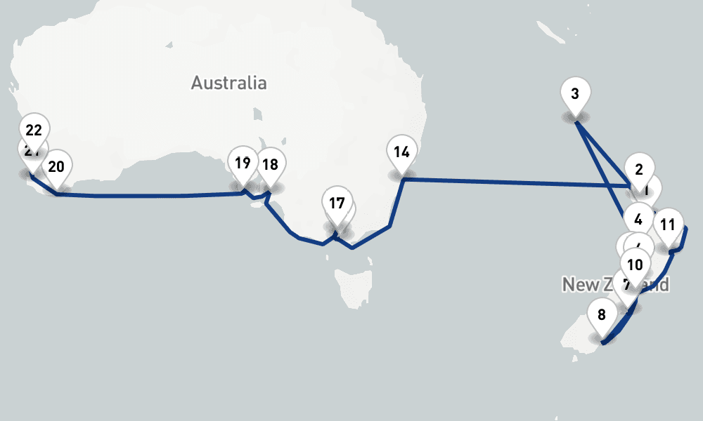 31 days, one-way from Auckland to Fremantle 32日間