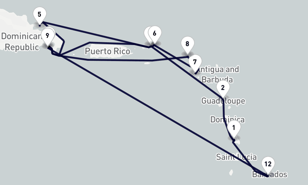 14 days, round-trip Southern Caribbean 15日間