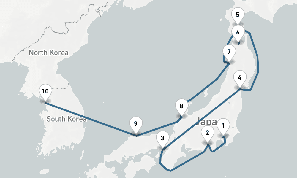 11 days, one-way from Yokohama to Incheon 12日間