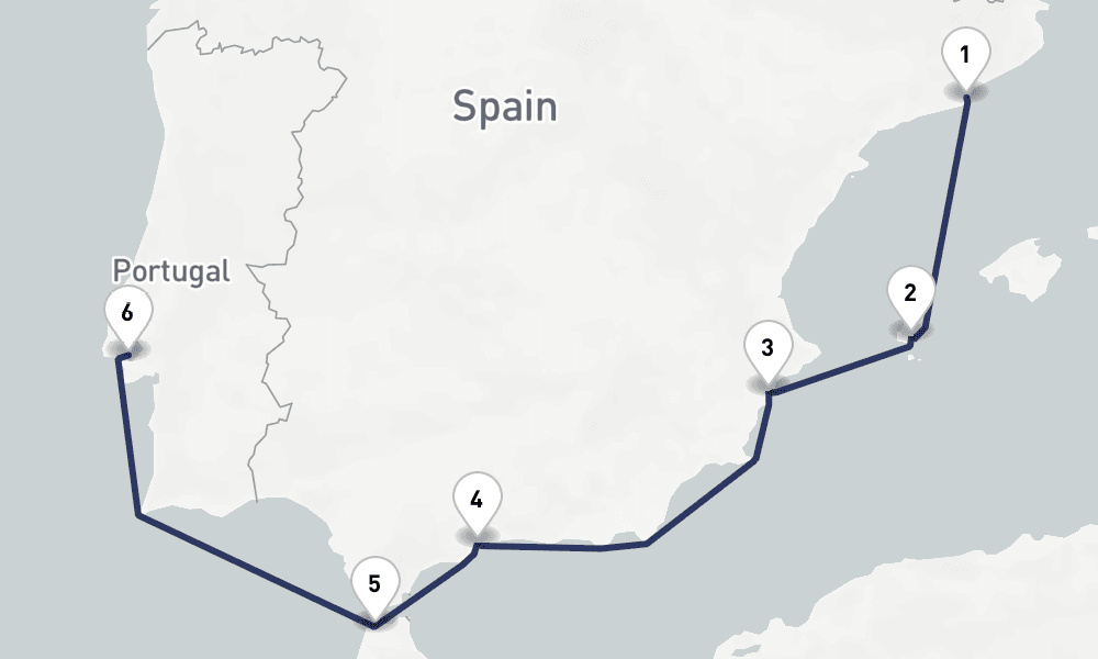 7 days, one-way from Barcelona to Lisbon 8日間