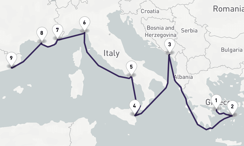 11 days, one-way from Piraeus-Athens to Barcelona 12日間