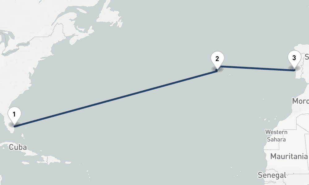 14 days, one-way from West Palm Beach to Lisbon 15日間