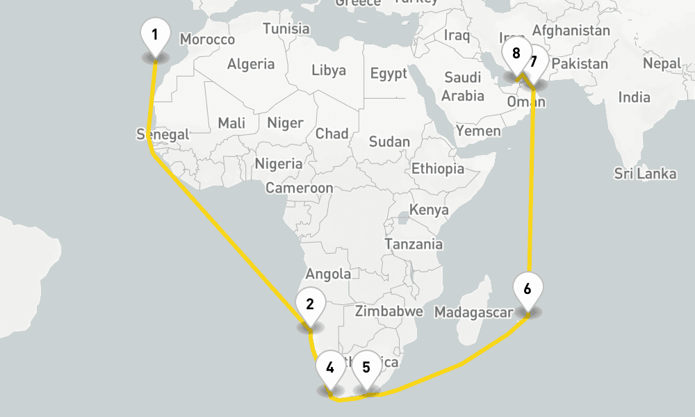 30 days, one-way from Santa Cruz de Tenerife to Dubai 31日間