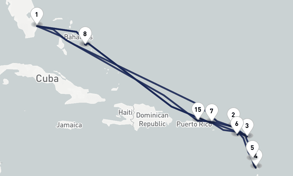 21 days, round-trip Eastern Caribbean Leeward U.S. Virgin Islands 22日間