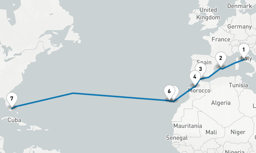 16 days, one-way from Civitavecchia-Rome to Fort Lauderdale 17日間