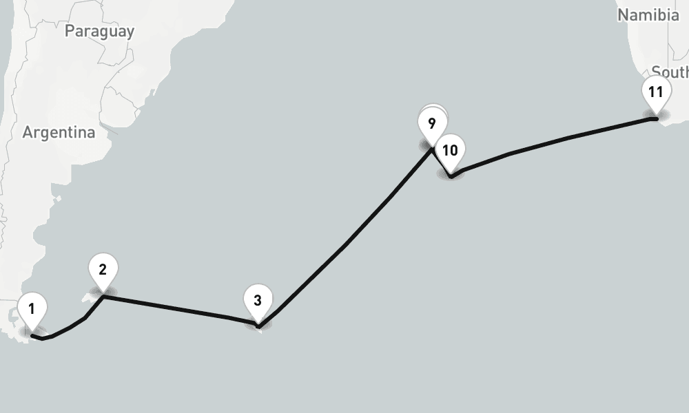 21 nights / 22 days, one-way from Puerto Williams (Navarino Island, Chile Antarctica) to Cape Town
