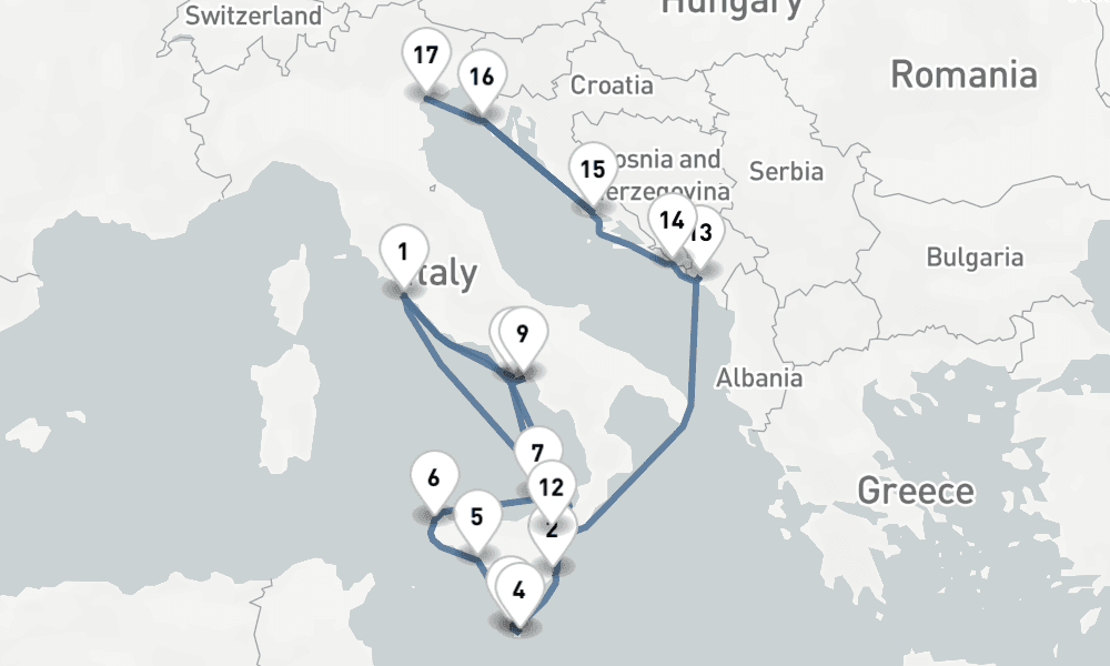 18 nights / 19 days, one-way from Civitavecchia (Rome, Italy) to Venice