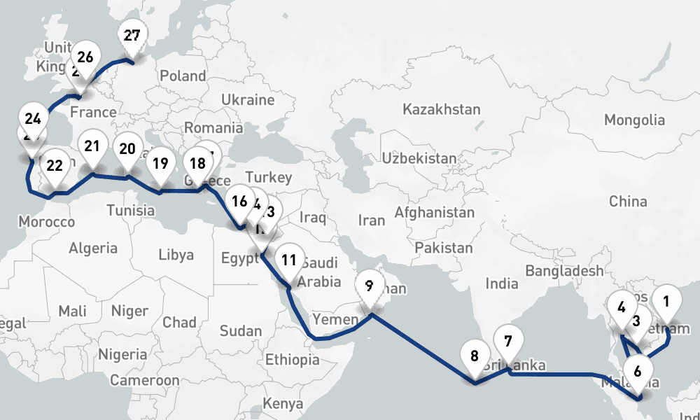 51 days, one-way from Saigon to Hamburg 52日間