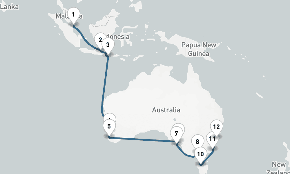 19 days, one-way from Singapore to Sydney 20日間