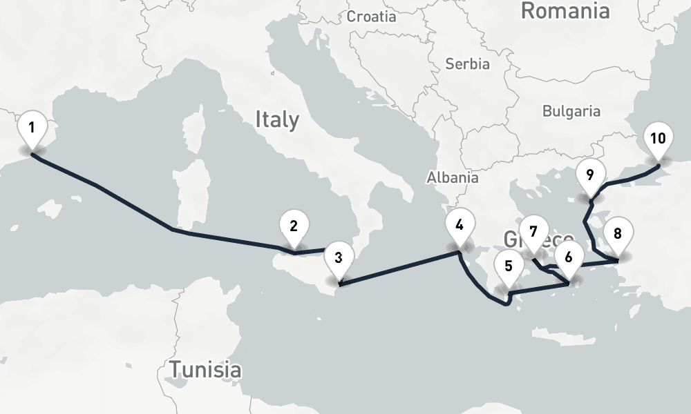 10 days, one-way from Barcelona to Istanbul 11日間