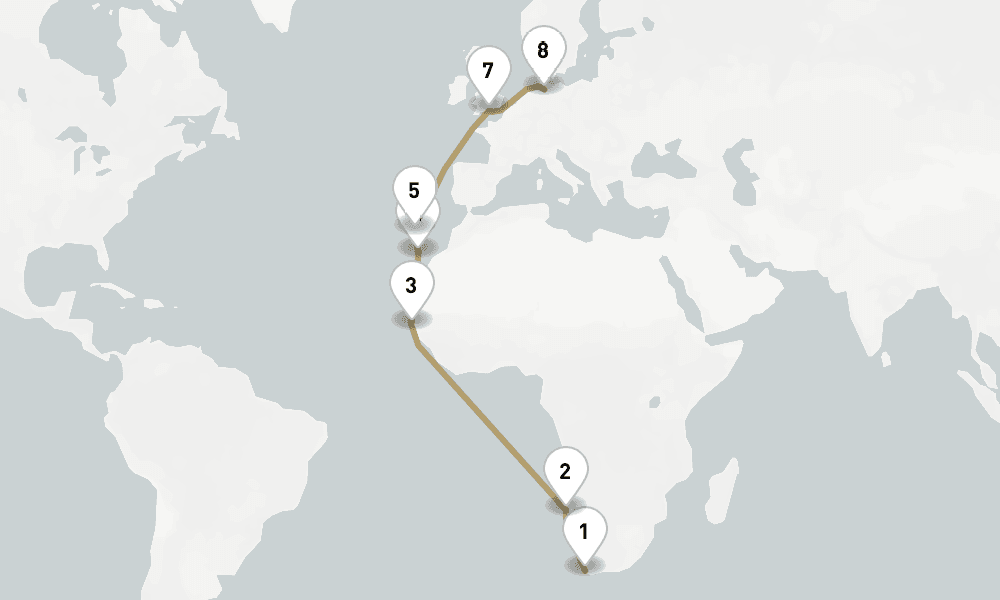 22 days, one-way from Cape Town to Hamburg 23日間