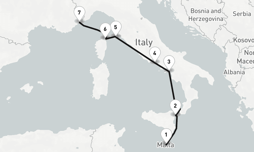 6 days, one-way from Valletta to Villefranche-sur-Mer 7日間