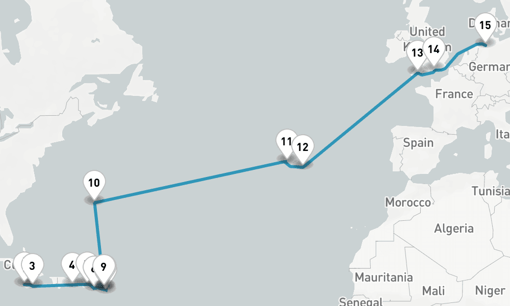 26 nights / 27 days, one-way from Montego Bay to Bremerhaven (Bremen, Germany)