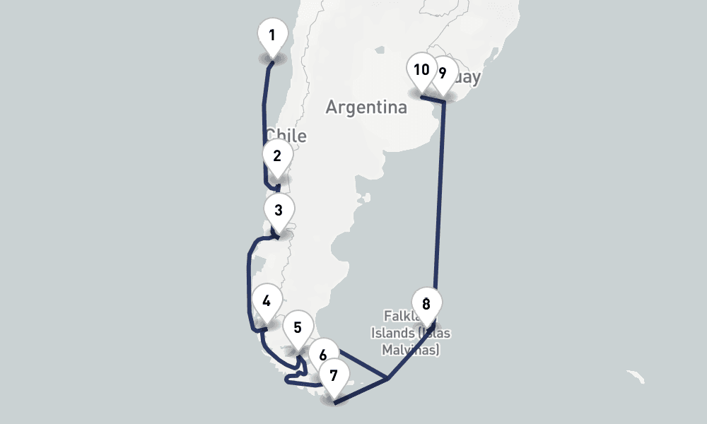 14 days, one-way from San Antonio to Buenos Aires 15日間