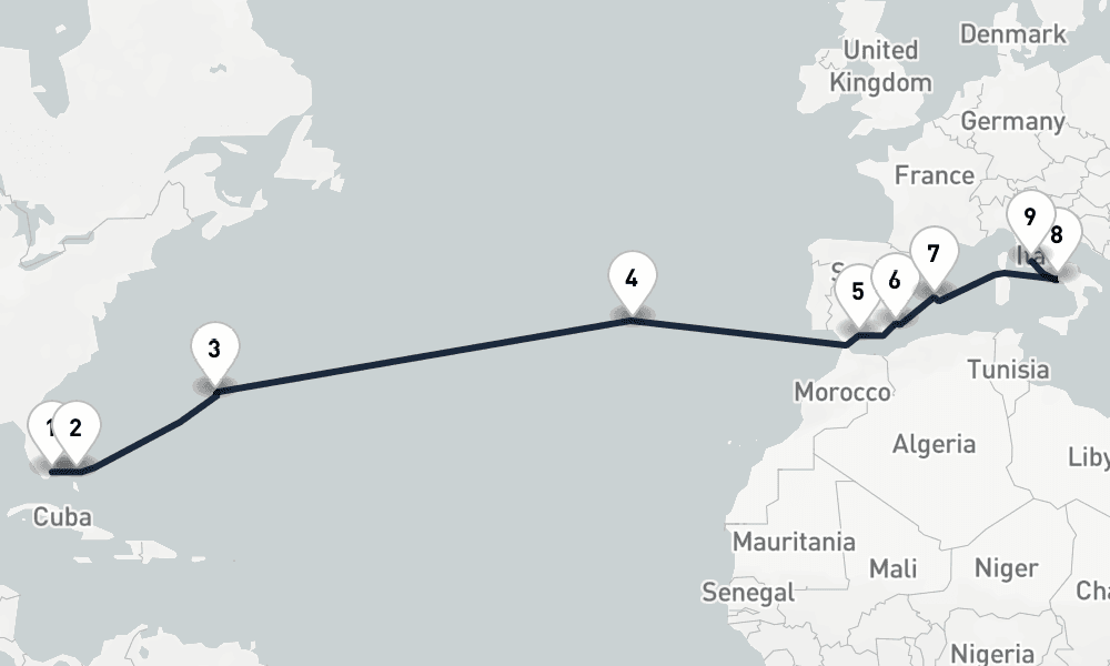 16 days, one-way from Miami to Civitavecchia-Rome 17日間