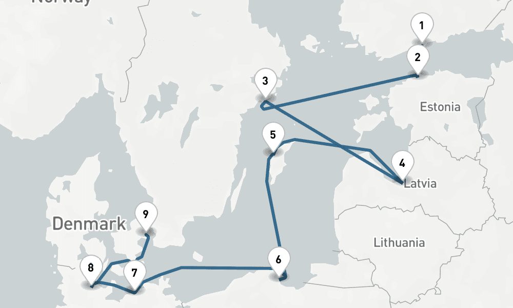 9 days, one-way from Helsinki to Copenhagen 10日間