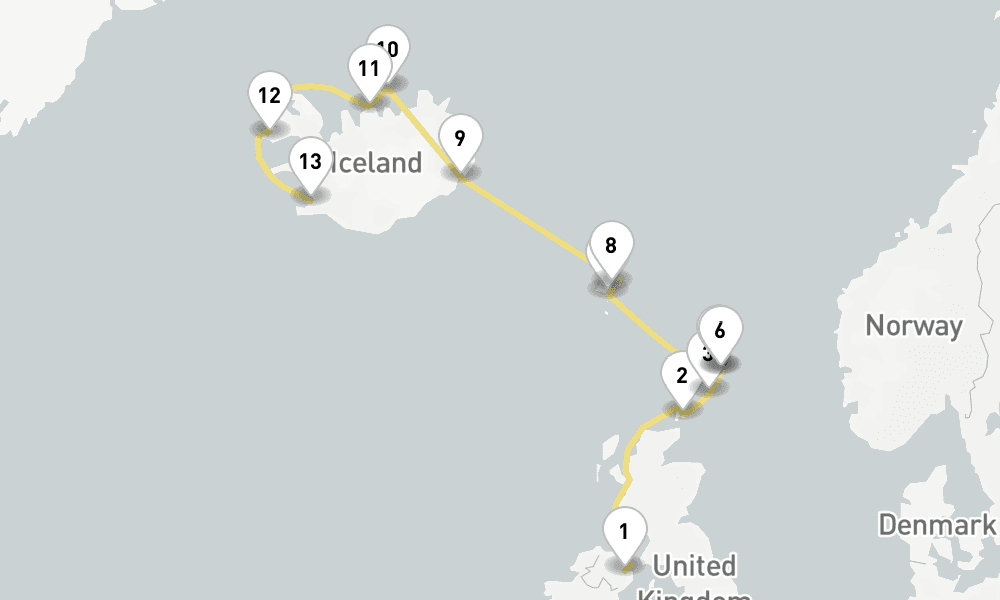 14 days, one-way from Belfast to Reykjavik 15日間