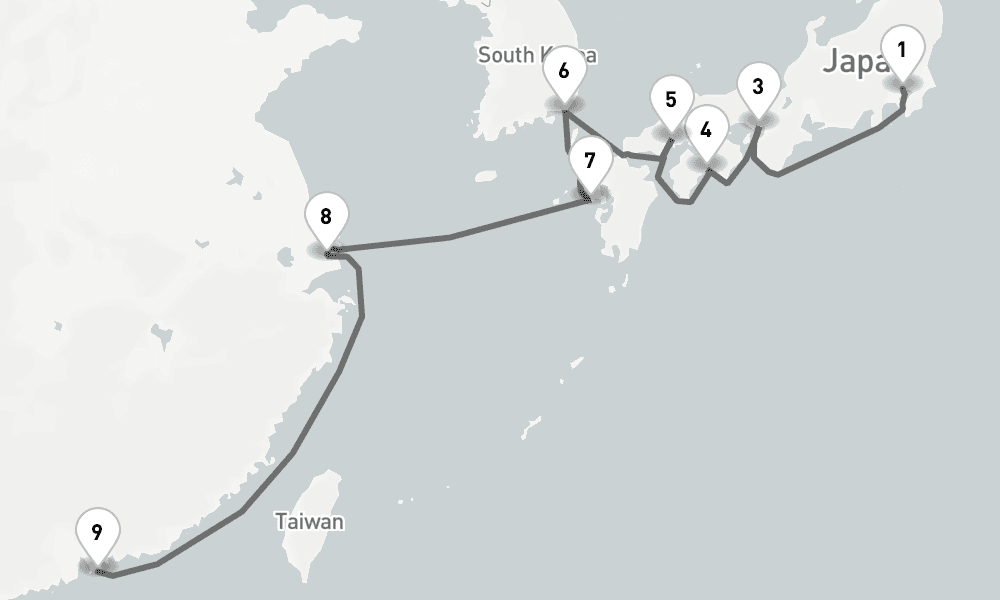 14 days, one-way from Tokyo to Hong Kong 15日間