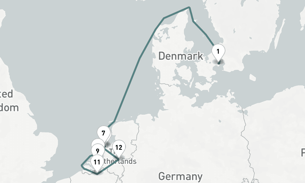 10 days, one-way from Copenhagen to Amsterdam 11日間