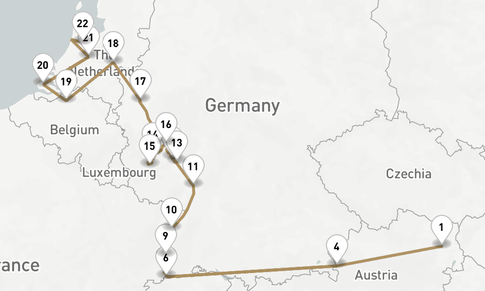28 nights / 29 days, one-way from Vienna to Amsterdam (Holland)