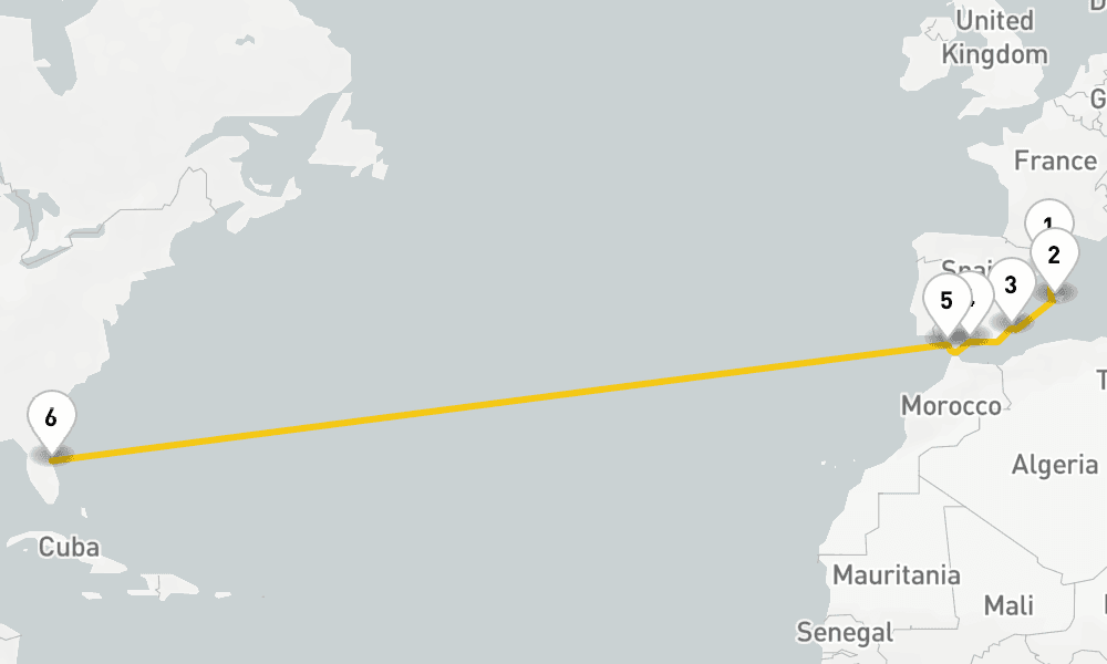 13 days, one-way from Barcelona to Port Canaveral 14日間