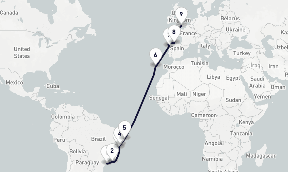 17 days, one-way from Santos to Southampton 18日間