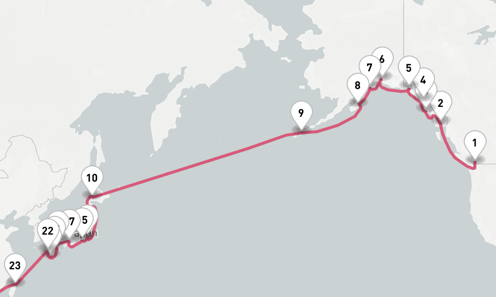 93 nights / 94 days, one-way from Vancouver (BC Canada) to Auckland