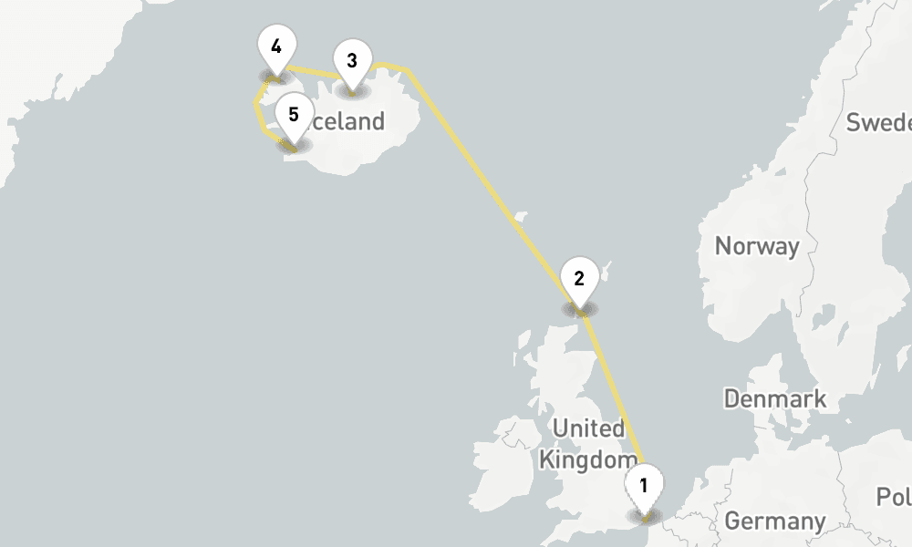 7 days, one-way from Dover to Reykjavik 8日間