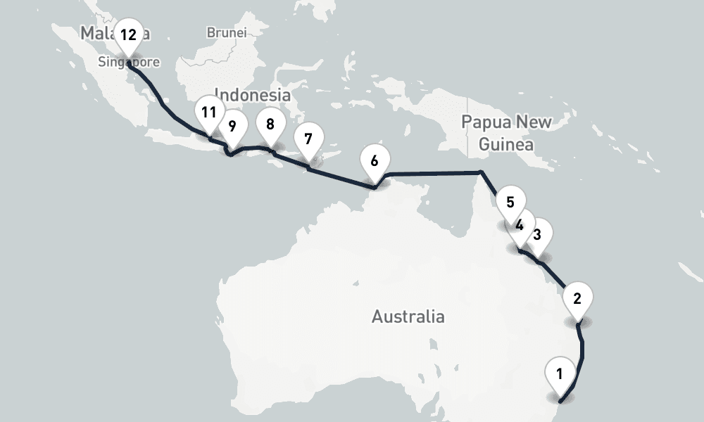 18 days, one-way from Sydney to Singapore 19日間