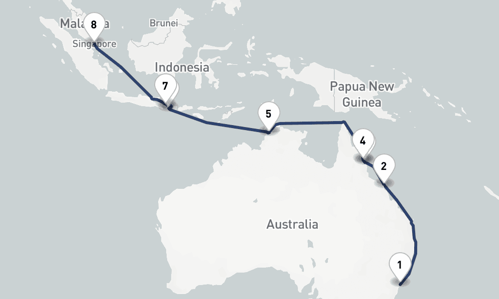15 days, one-way from Sydney to Singapore 16日間