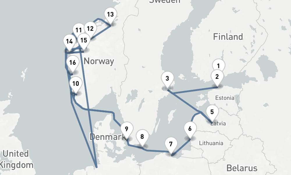 18 days, one-way from Helsinki to Copenhagen 19日間