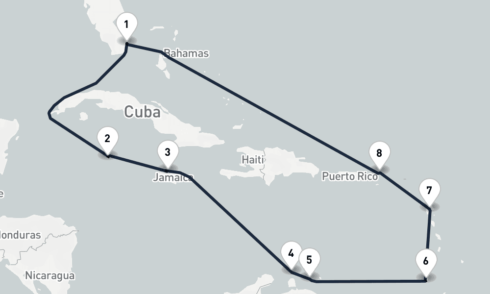 13 days, round-trip Bountiful Caribbean Miami to Miami 14日間