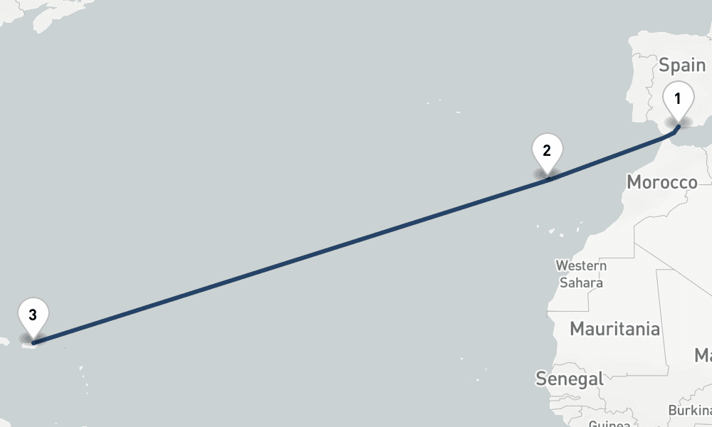 14 days, one-way from Malaga to San Juan 15日間