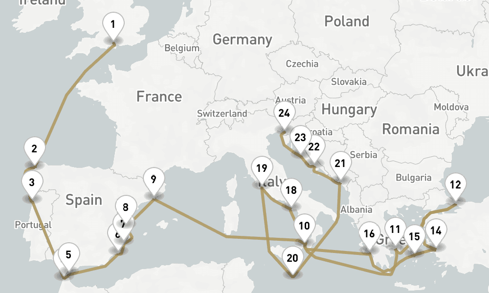 33 days, one-way from Southampton to Trieste 34日間