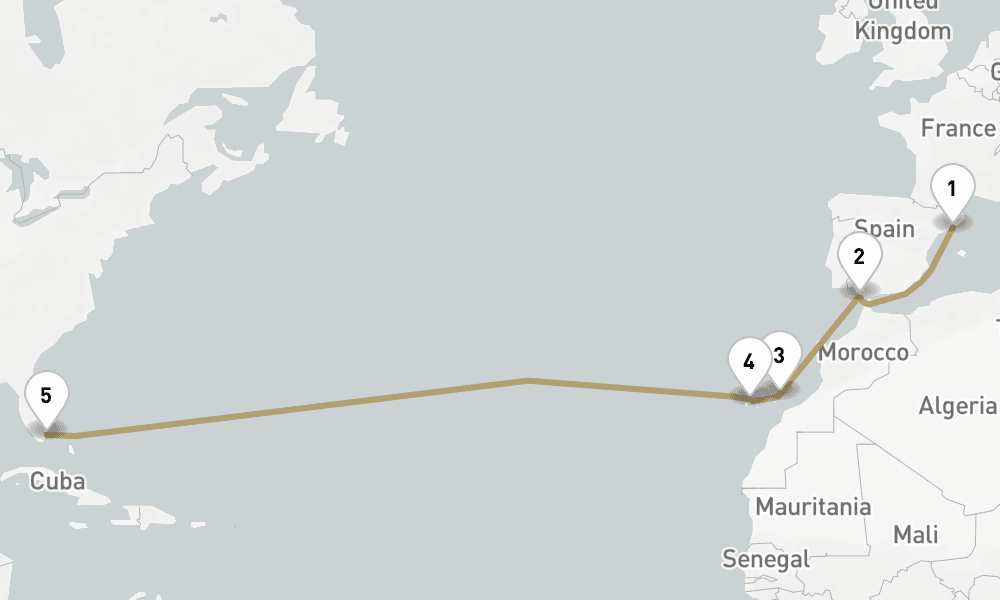 13 days, one-way from Barcelona to Miami 14日間