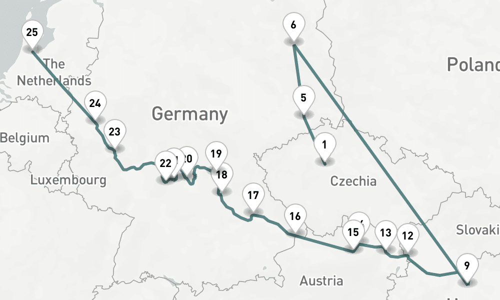 24 days, one-way from Prague to Amsterdam 25日間
