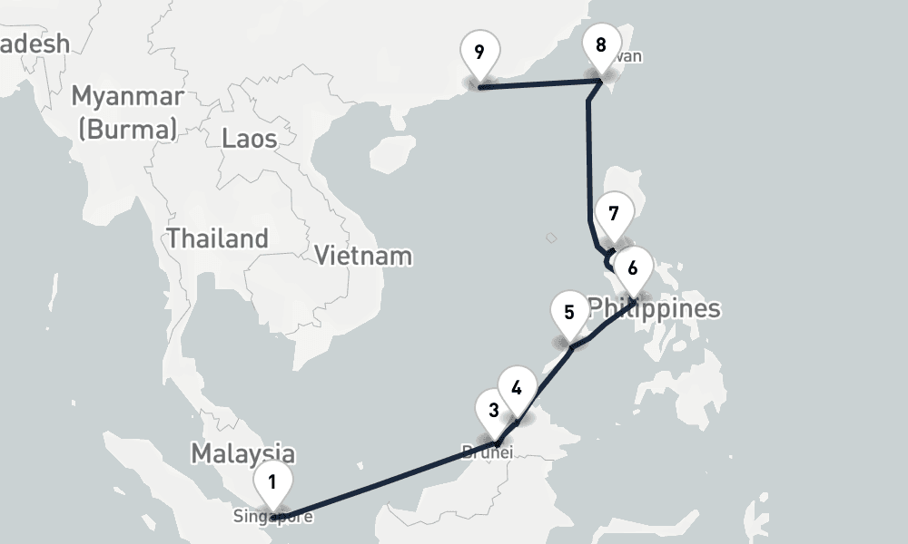 11 days, one-way from Singapore to Hong Kong 12日間