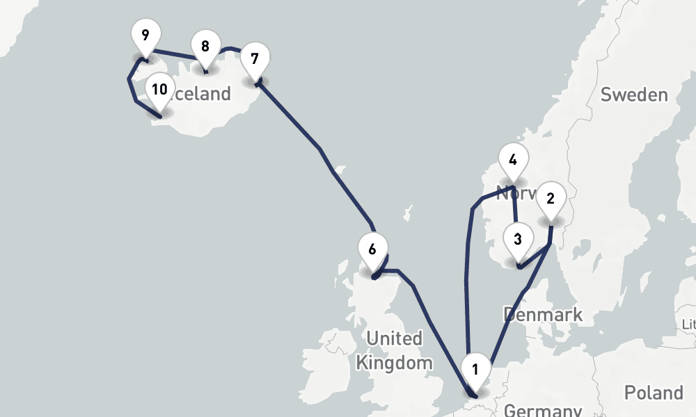 14 days, one-way from Rotterdam to Reykjavik 15日間