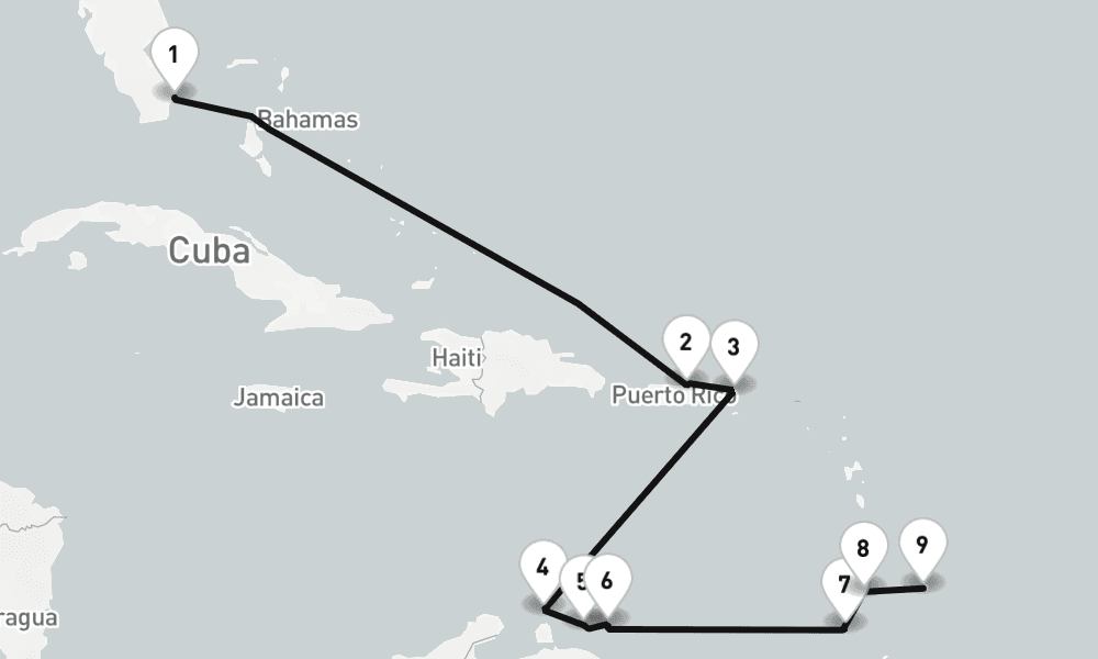 12 nights / 13 days, one-way from Miami (Florida) to Bridgetown (Barbados)