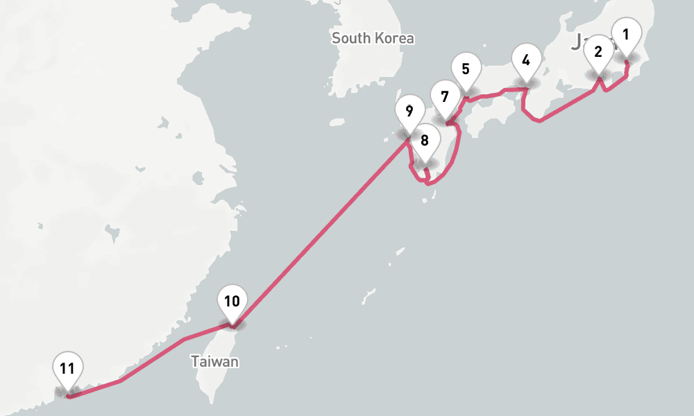 14 nights / 15 days, one-way from Tokyo to Hong Kong