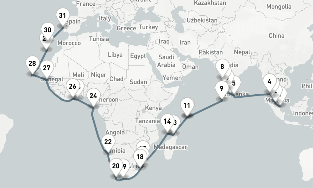 53 nights / 54 days, one-way from Singapore to Lisbon