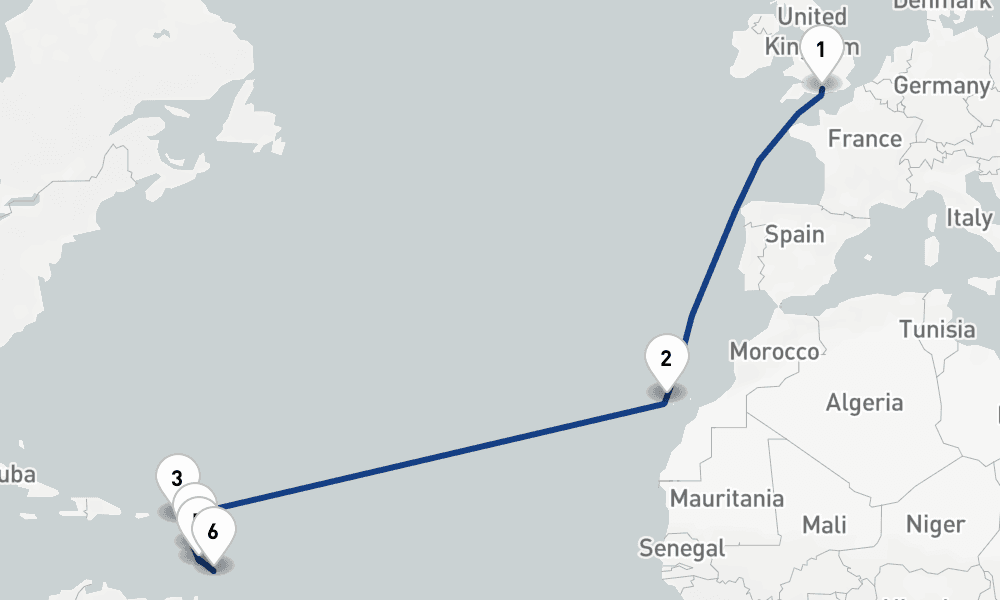 15 nights / 16 days, one-way from Southampton (England) to Bridgetown (Barbados)