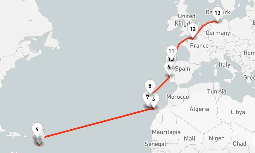 21 nights / 22 days, one-way from Fort-de-France (Martinique) to Hamburg