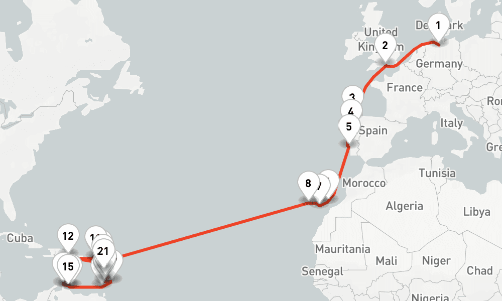 35 nights / 36 days, one-way from Hamburg to La Romana (Dominican Republic)