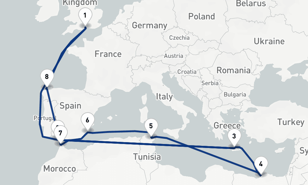19 nights / 20 days, Southampton (England) Round trip
