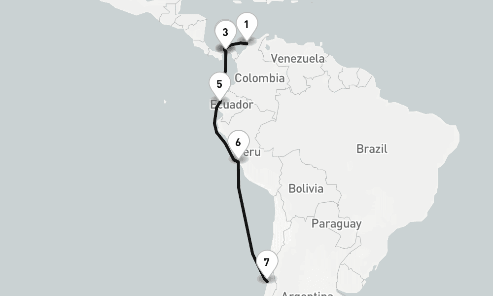 14 nights / 15 days, one-way from Cartagena (Colombia) to Valparaiso (Santiago, Chile)