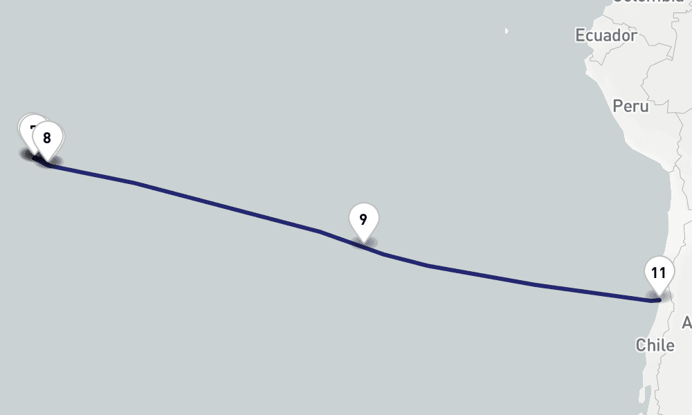 20 nights / 21 days, one-way from Papeete (Tahiti Island, French Polynesia) to Valparaiso (Santiago, Chile)