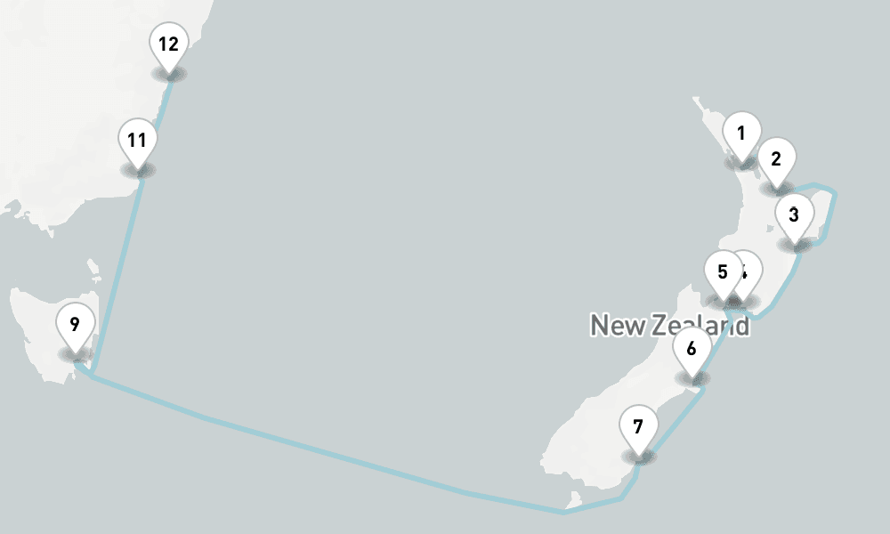 15 nights / 16 days, one-way from Auckland to Sydney (NSW, Australia)