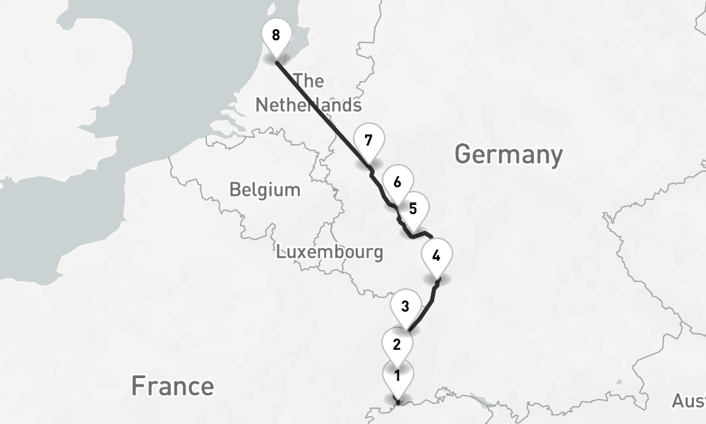 7 nights / 8 days, one-way from Basel to Amsterdam (Holland)