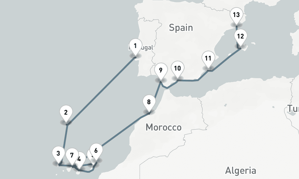 14 days, one-way from Lisbon to Barcelona 15日間